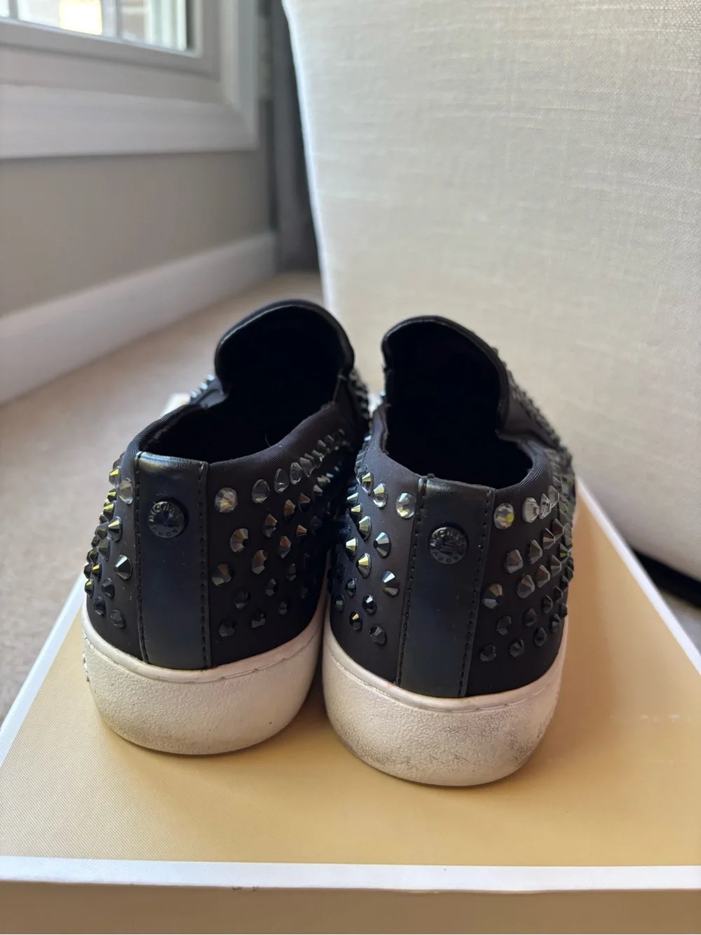 Michael Kors Black Slip-On Loafers with Crystal Stud Accents